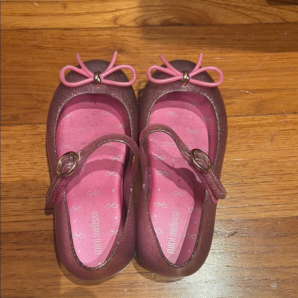 Mini Melissa Glittery Pink Dress Shoes with Bow Detail